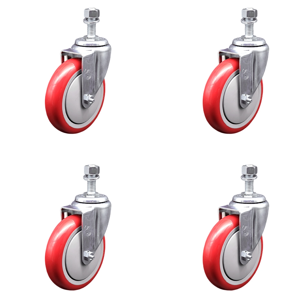 Polyurethane Swivel Threaded Stem Caster Set of 4 w/5" x 1.25" Red Wheels and 1/2" Stems - Includes 4 Swivel - 1400 lbs Total Capacity - Service Caster Brand — photo 1