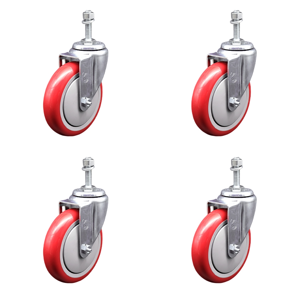Polyurethane Swivel Threaded Stem Caster Set of 4 w/5" x 1.25" Red Wheels and 3/8" Stems - Includes 4 Swivel - 1400 lbs Total Capacity - Service Caster Brand — photo 1