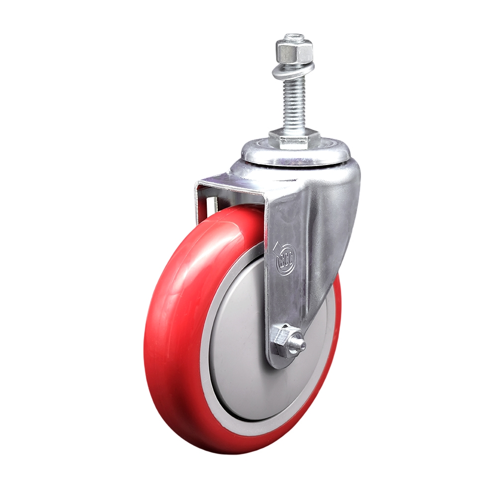 5" Swivel Caster with 3/8" Threaded Stem and Red Polyurethane Wheel - 350 lbs. Capacity - Service Caster Brand — photo 1