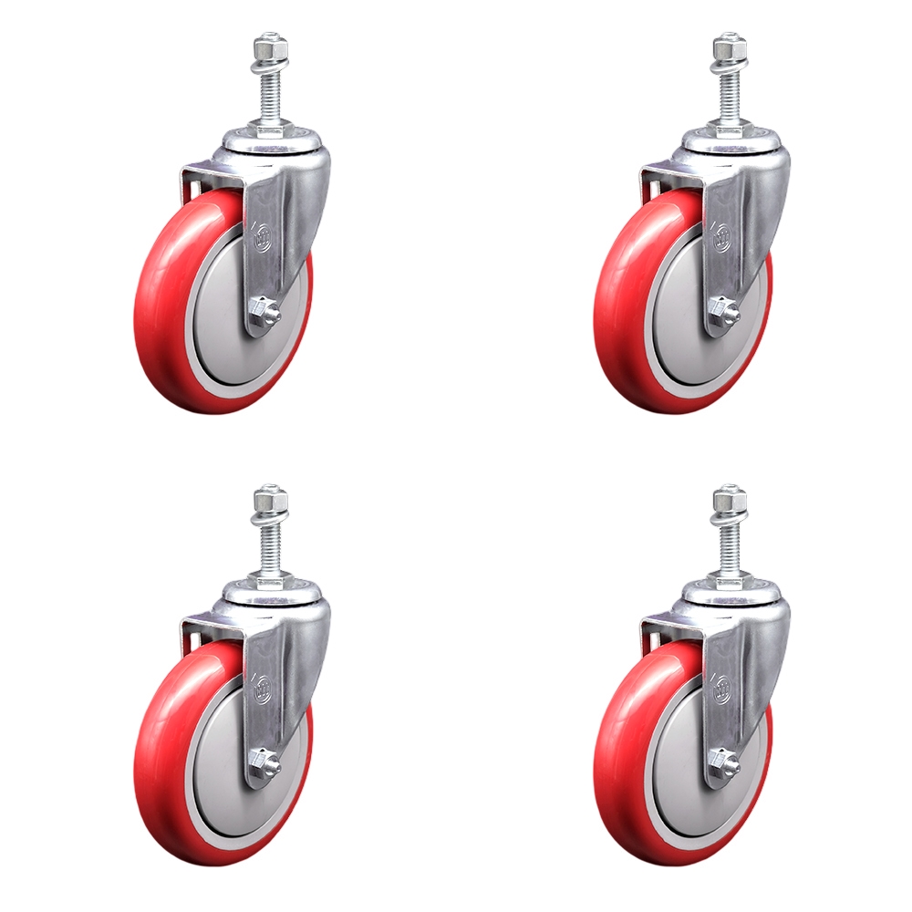 Polyurethane Swivel Threaded Stem Caster Set of 4 w/5" x 1.25" Red Wheels and 10mm Stems - Includes 4 Swivel - 1400 lbs Total Capacity - Service Caster Brand — photo 1