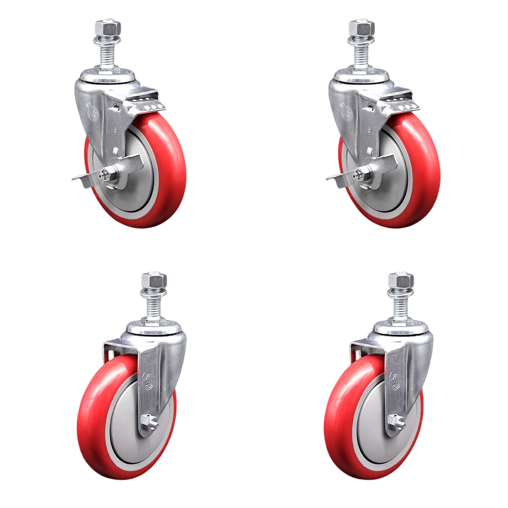 Polyurethane Swivel Threaded Stem Caster Set of 4 w/5" x 1.25" Red Wheels and 12mm Stems - Includes 2 with Top Locking Brake - 1400 lbs Total Capacity - Service Caster Brand — photo 1