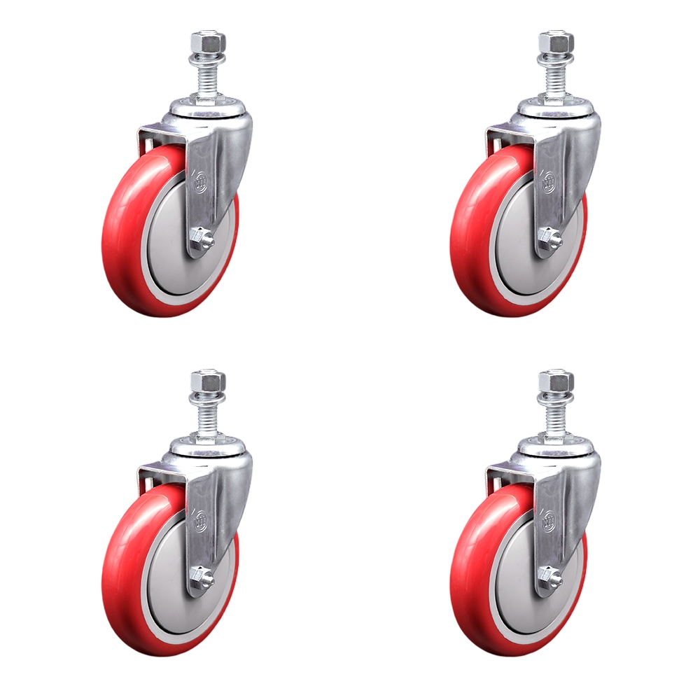 Polyurethane Swivel Threaded Stem Caster Set of 4 w/5" x 1.25" Red Wheels and 12mm Stems - Includes 4 Swivel - 1400 lbs Total Capacity - Service Caster Brand — photo 1