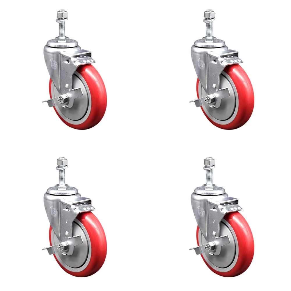 Polyurethane Swivel Threaded Stem Caster Set of 4 w/5" x 1.25" Red Wheels and 3/8" Stems - Includes 4 with Top Lock Brakes - 1400 lbs Total Capacity - Service Caster Brand — photo 1
