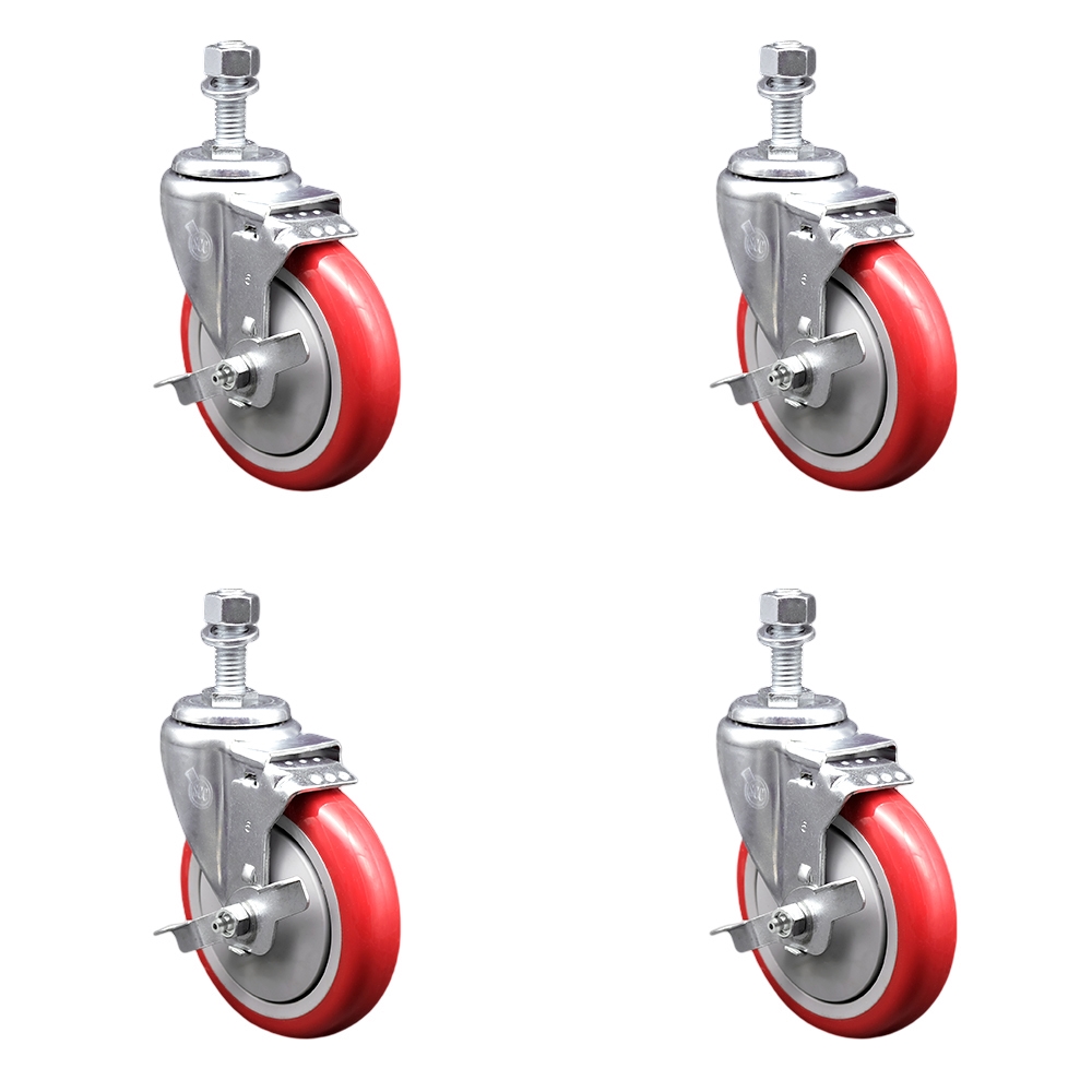 Polyurethane Swivel Threaded Stem Caster Set of 4 w/5" x 1.25" Red Wheels and 12mm Stems - Includes 4 with Top Lock Brakes - 1400 lbs Total Capacity - Service Caster Brand — photo 1