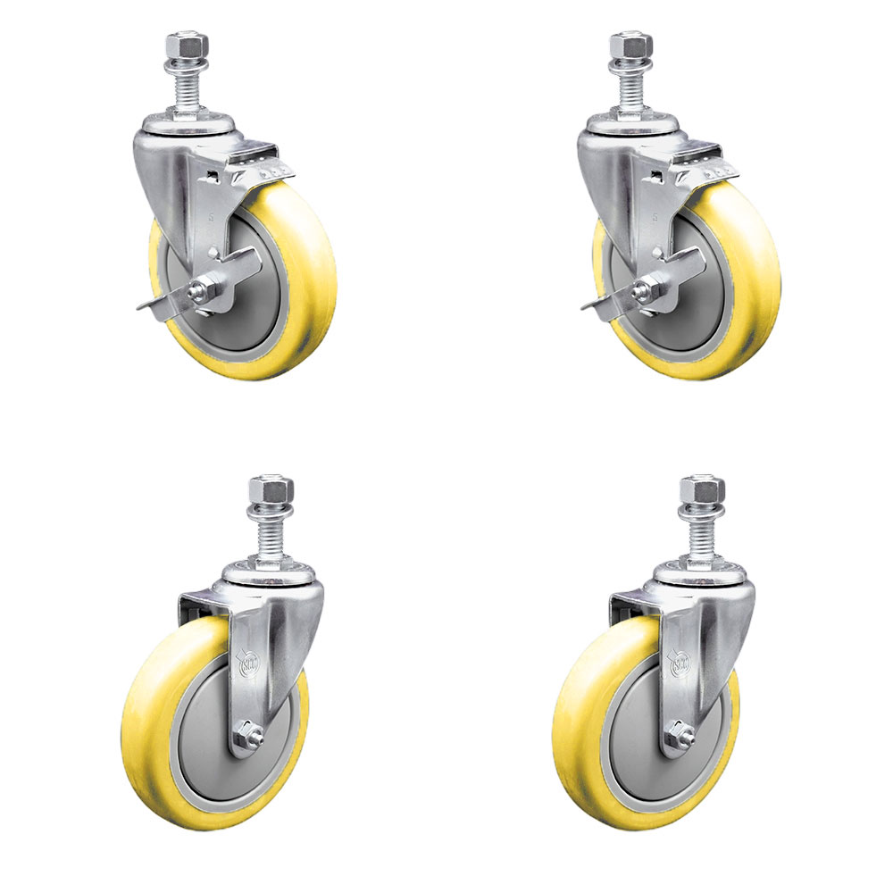 Polyurethane Swivel Threaded Stem Caster Set of 4 w/5" x 1.25" Yellow Wheels and 1/2" Stems - Includes 2 with Top Locking Brake - 1400 lbs Total Capacity - Service Caster Brand — photo 1