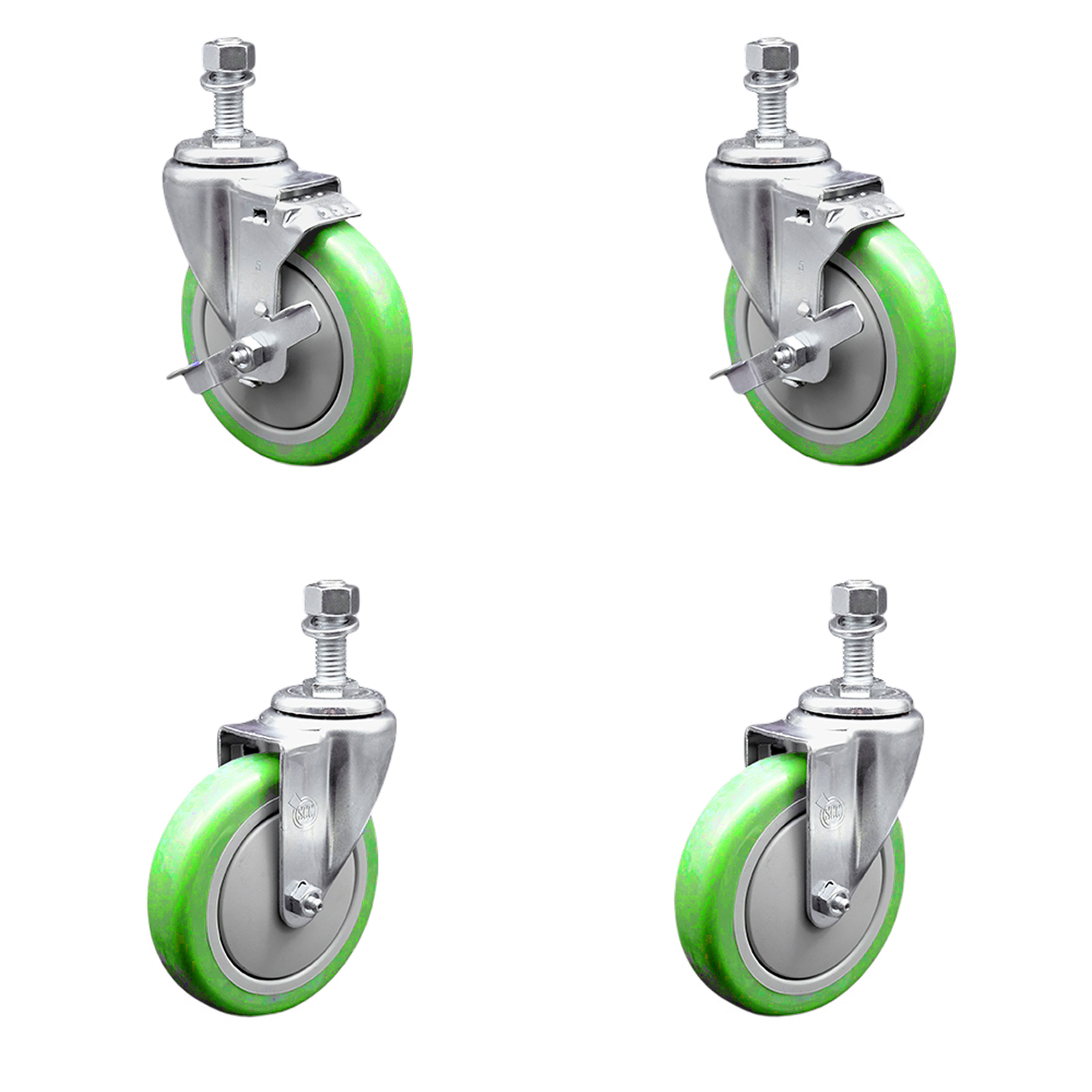 Stainless Steel Polyurethane Swivel Threaded Stem Caster Set of 4 w/5" x 1.25" Green Wheels and 1/2" Stems - Includes 2 with Top Locking Brake - 1400 lbs Total Capacity - Service Caster Brand — photo 1