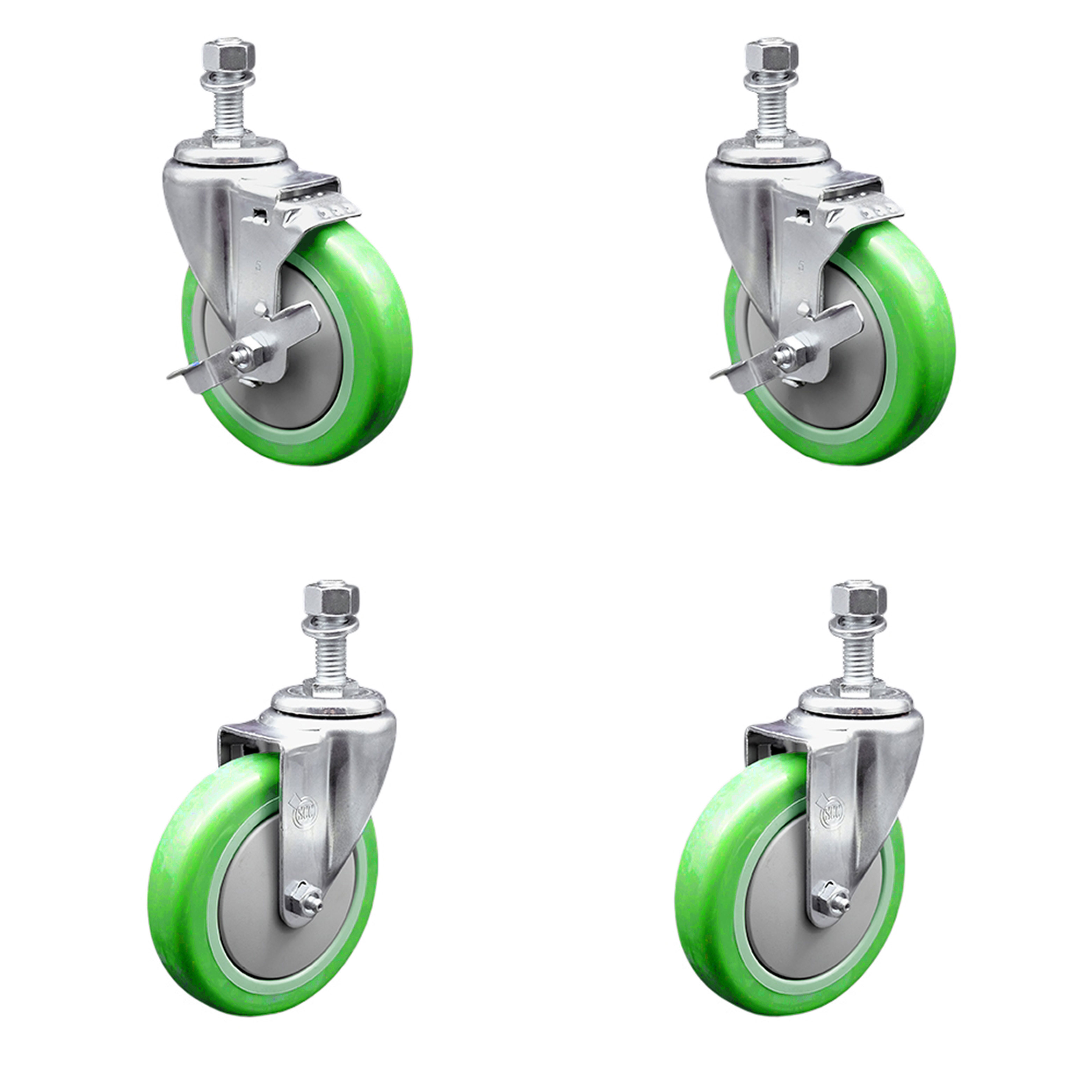 Polyurethane Swivel Threaded Stem Caster Set of 4 w/5" x 1.25" Green Wheels and 1/2" Stems - Includes 2 with Top Locking Brake - 1400 lbs Total Capacity - Service Caster Brand — photo 1