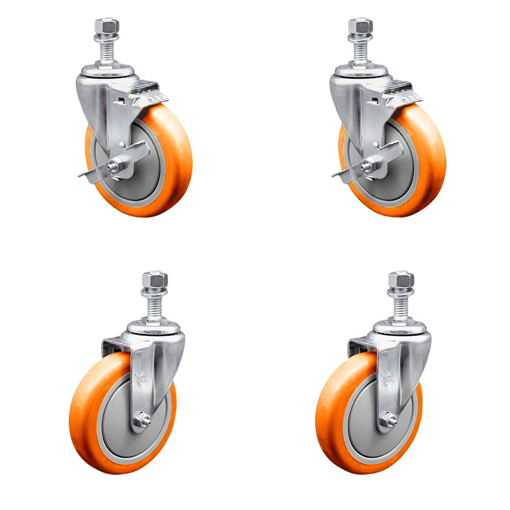 Polyurethane Swivel Threaded Stem Caster Set of 4 w/5" x 1.25" Orange Wheels and 1/2" Stems - Includes 2 with Top Locking Brake - 1400 lbs Total Capacity - Service Caster Brand — photo 1