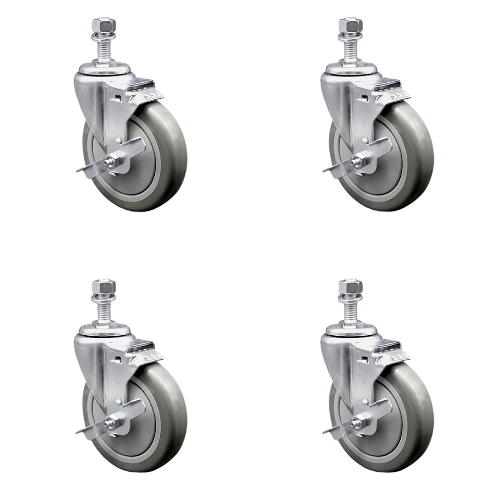 Polyurethane Swivel Threaded Stem Caster Set of 4 w/5" x 1.25" Gray Wheels and 1/2" Stems - Includes 4 with Top Lock Brakes - 1400 lbs Total Capacity - Service Caster Brand — photo 1