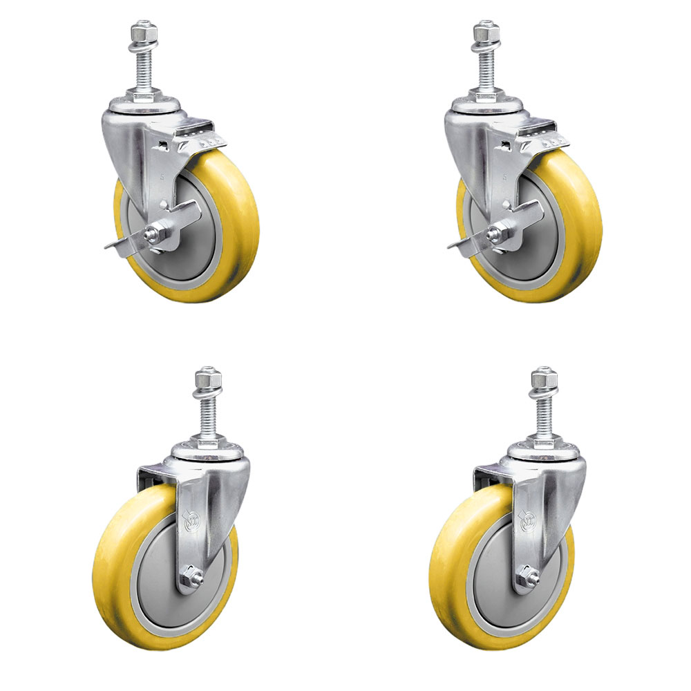 Polyurethane Swivel Threaded Stem Caster Set of 4 w/5" x 1.25" Yellow Wheels and 3/8" Stems - Includes 2 with Top Locking Brake - 1400 lbs Total Capacity - Service Caster Brand — photo 1