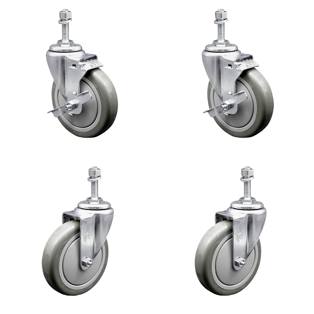 Polyurethane Swivel Threaded Stem Caster Set of 4 w/5" x 1.25" Gray Wheels and 3/8" Stems - Includes 2 with Top Locking Brake - 1400 lbs Total Capacity - Service Caster Brand — photo 1