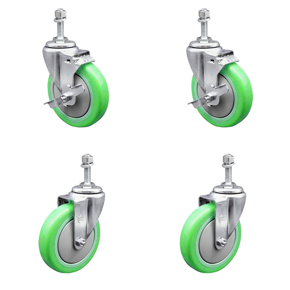 Polyurethane Swivel Threaded Stem Caster Set of 4 w/5" x 1.25" Green Wheels and 3/8" Stems - Includes 2 with Top Locking Brake - 1400 lbs Total Capacity - Service Caster Brand — photo 1