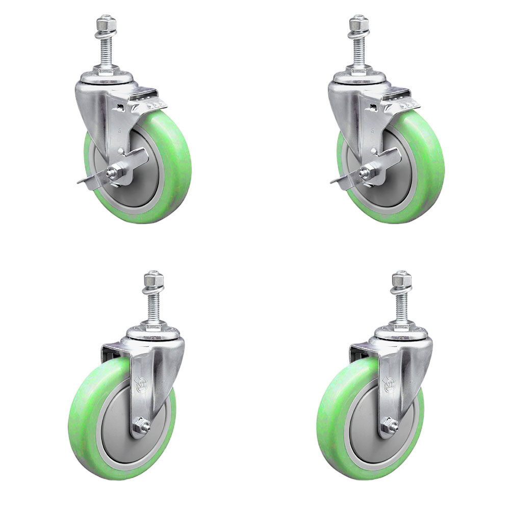 Stainless Steel Polyurethane Swivel Threaded Stem Caster Set of 4 w/5" x 1.25" Green Wheels and 3/8" Stems - Includes 2 with Top Locking Brake - 1400 lbs Total Capacity - Service Caster Brand — photo 1