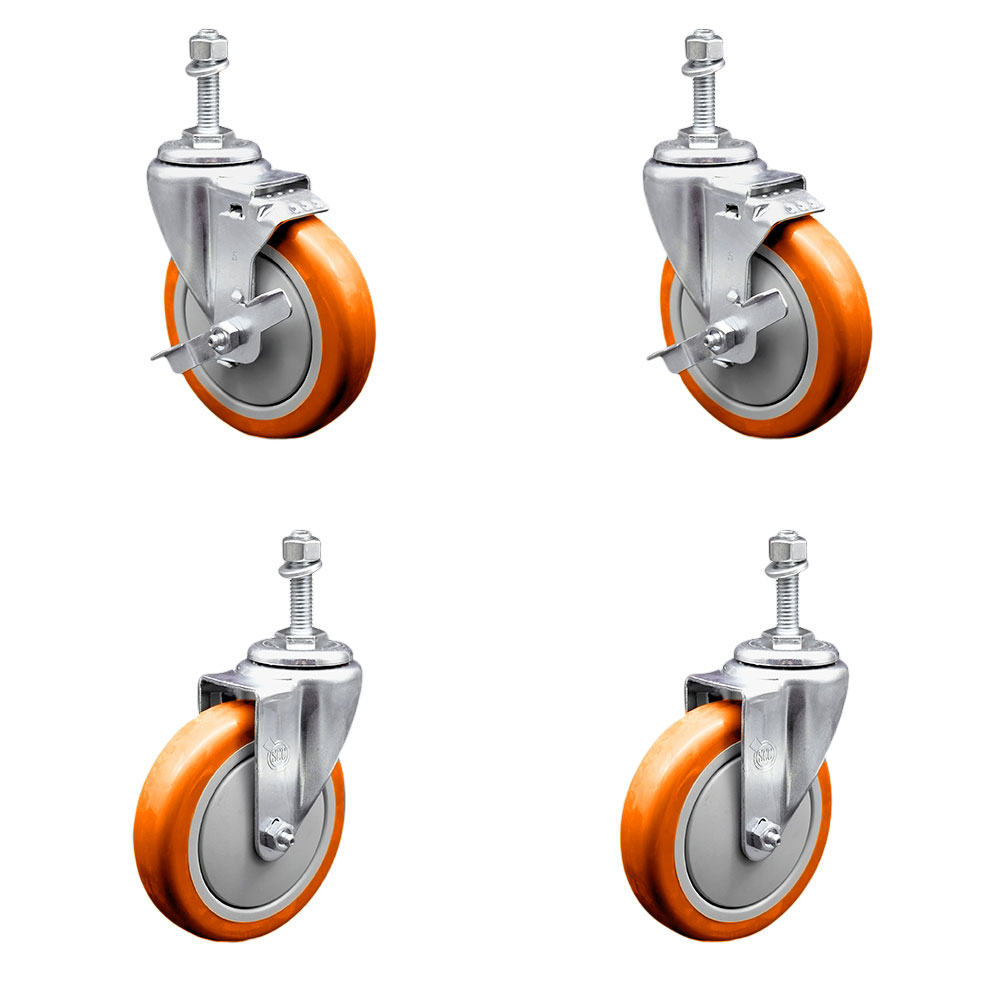 Polyurethane Swivel Threaded Stem Caster Set of 4 w/5" x 1.25" Orange Wheels and 3/8" Stems - Includes 2 with Top Locking Brake - 1400 lbs Total Capacity - Service Caster Brand — photo 1