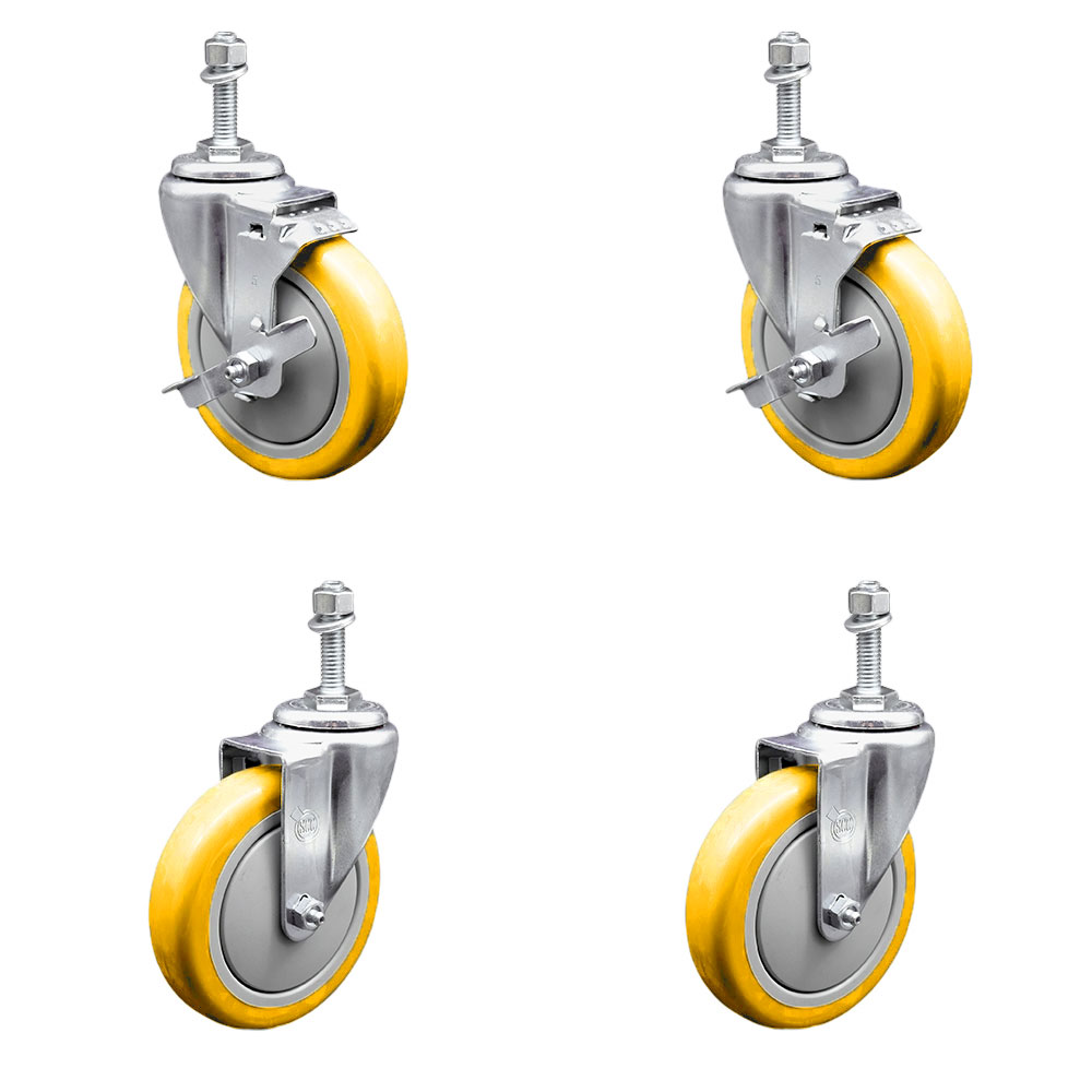 Stainless Steel Polyurethane Swivel Threaded Stem Caster Set of 4 w/5" x 1.25" Yellow Wheels and 10mm Stems - Includes 2 with Top Locking Brake - 1400 lbs Total Capacity - Service Caster Brand — photo 1