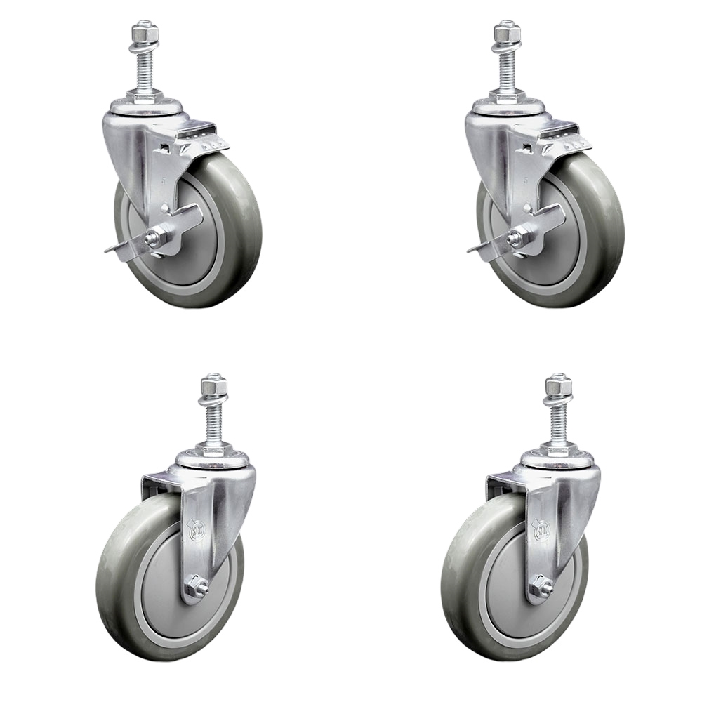 Polyurethane Swivel Threaded Stem Caster Set of 4 w/5" x 1.25" Gray Wheels and 10mm Stems - Includes 2 with Top Locking Brake - 1400 lbs Total Capacity - Service Caster Brand — photo 1