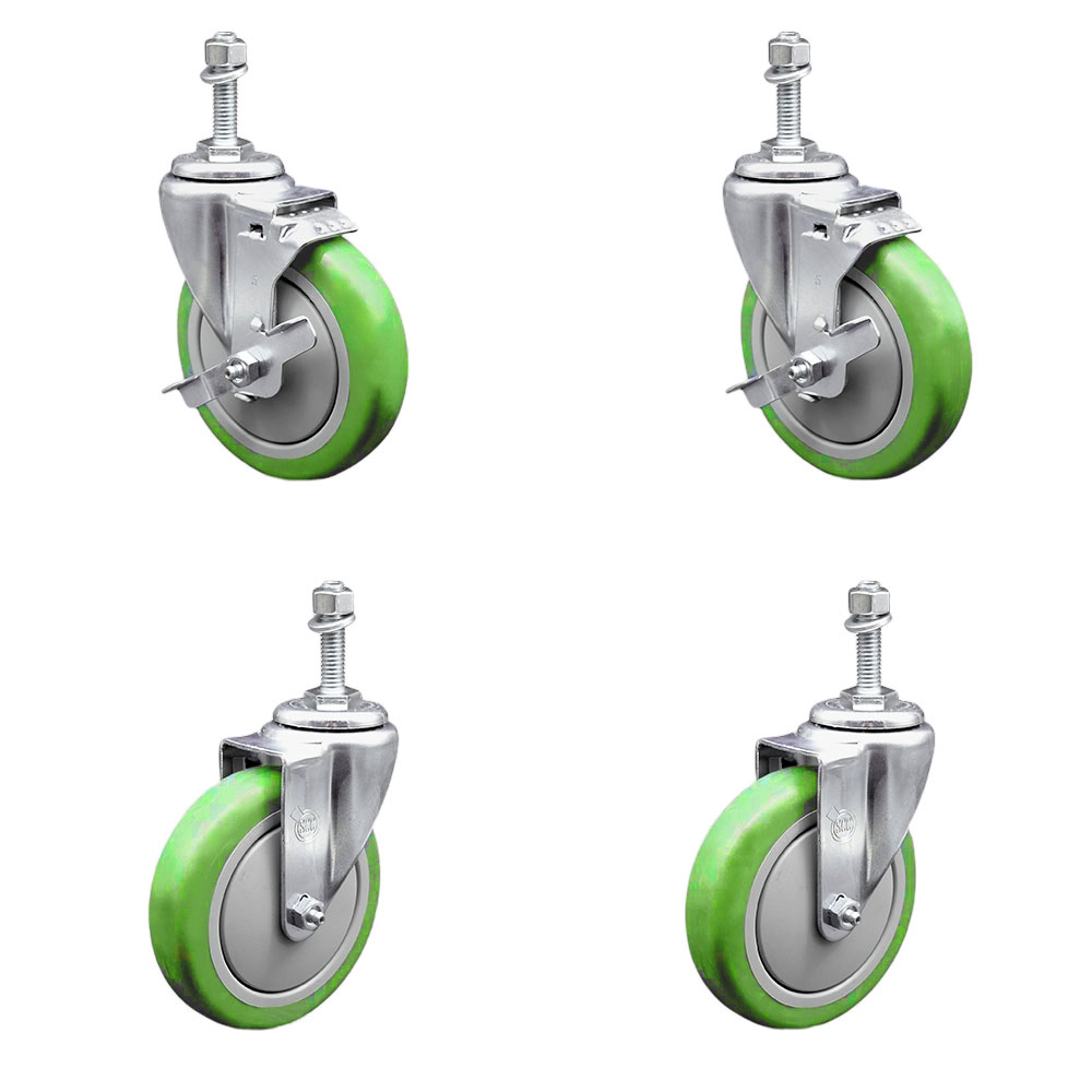 Polyurethane Swivel Threaded Stem Caster Set of 4 w/5" x 1.25" Green Wheels and 10mm Stems - Includes 2 with Top Locking Brake - 1400 lbs Total Capacity - Service Caster Brand — photo 1