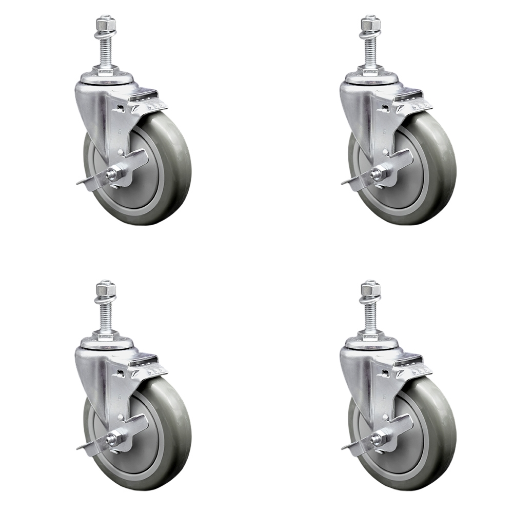 Polyurethane Swivel Threaded Stem Caster Set of 4 w/5" x 1.25" Gray Wheels and 10mm Stems - Includes 4 with Top Lock Brakes - 1400 lbs Total Capacity - Service Caster Brand — photo 1
