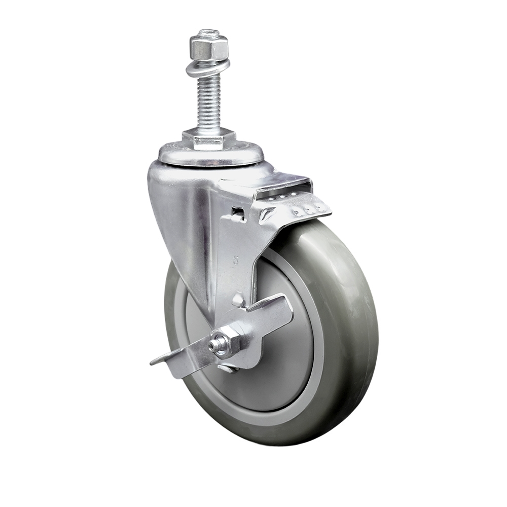 5" Swivel Caster with 10mm Threaded Stem, Gray Polyurethane Wheel and Brake - 350 lbs. Capacity - Service Caster Brand — photo 1