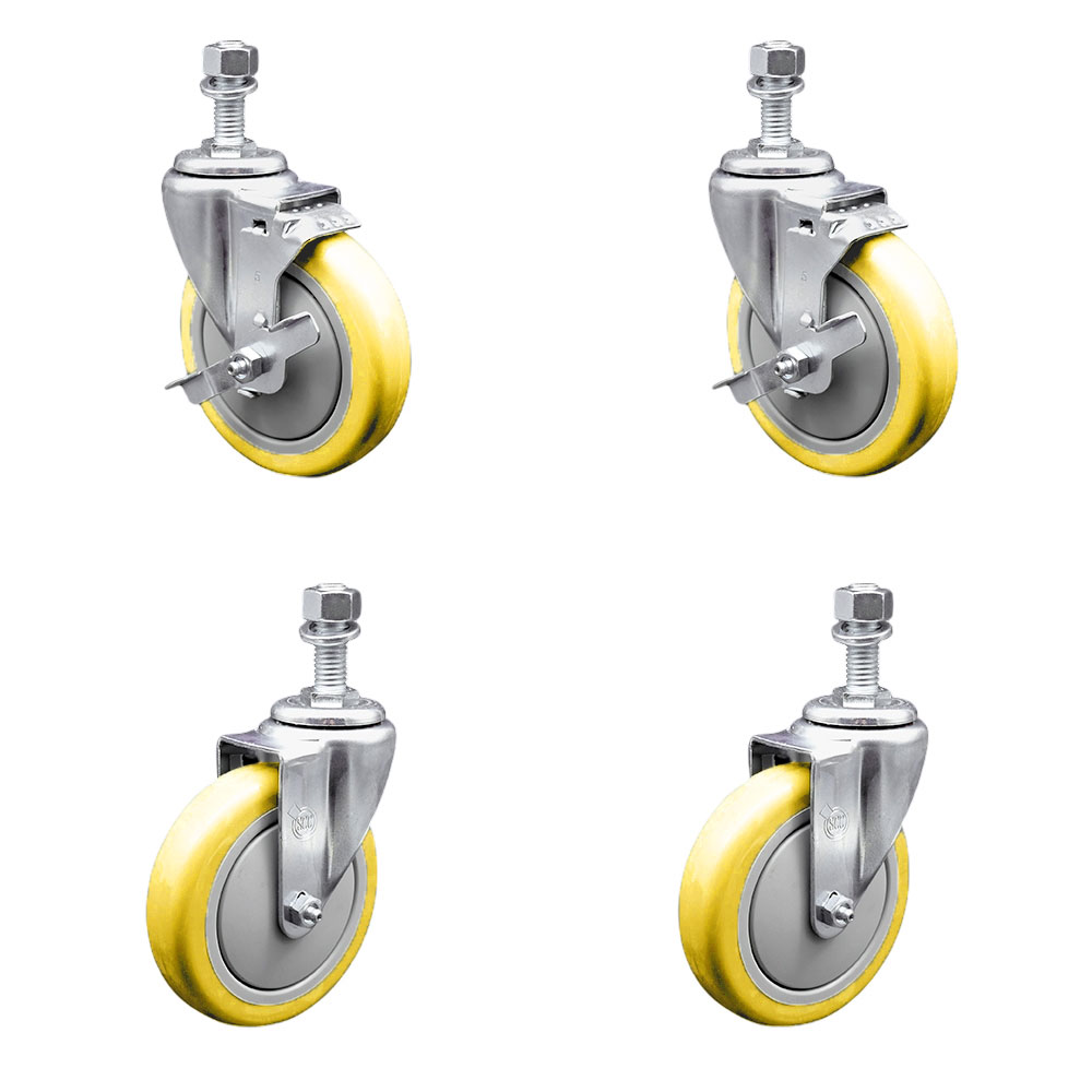 Stainless Steel Polyurethane Swivel Threaded Stem Caster Set of 4 w/5" x 1.25" Yellow Wheels and 12mm Stems - Includes 2 with Top Locking Brake - 1400 lbs Total Capacity - Service Caster Brand — photo 1