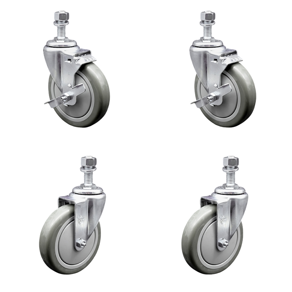 Polyurethane Swivel Threaded Stem Caster Set of 4 w/5" x 1.25" Gray Wheels and 12mm Stems - Includes 2 with Top Locking Brake - 1400 lbs Total Capacity - Service Caster Brand — photo 1