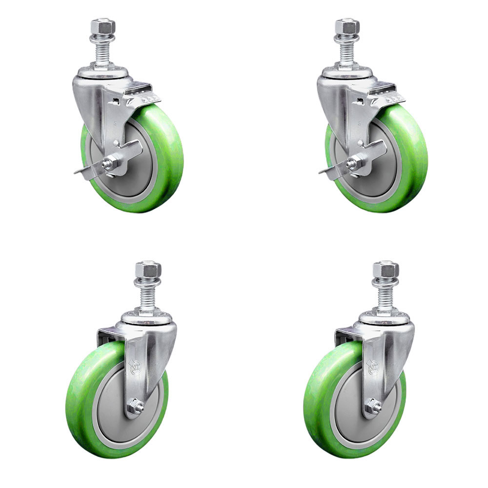 Polyurethane Swivel Threaded Stem Caster Set of 4 w/5" x 1.25" Green Wheels and 12mm Stems - Includes 2 with Top Locking Brake - 1400 lbs Total Capacity - Service Caster Brand — photo 1