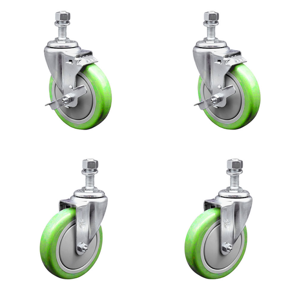 Stainless Steel Polyurethane Swivel Threaded Stem Caster Set of 4 w/5" x 1.25" Green Wheels and 12mm Stems - Includes 2 with Top Locking Brake - 1400 lbs Total Capacity - Service Caster Brand — photo 1