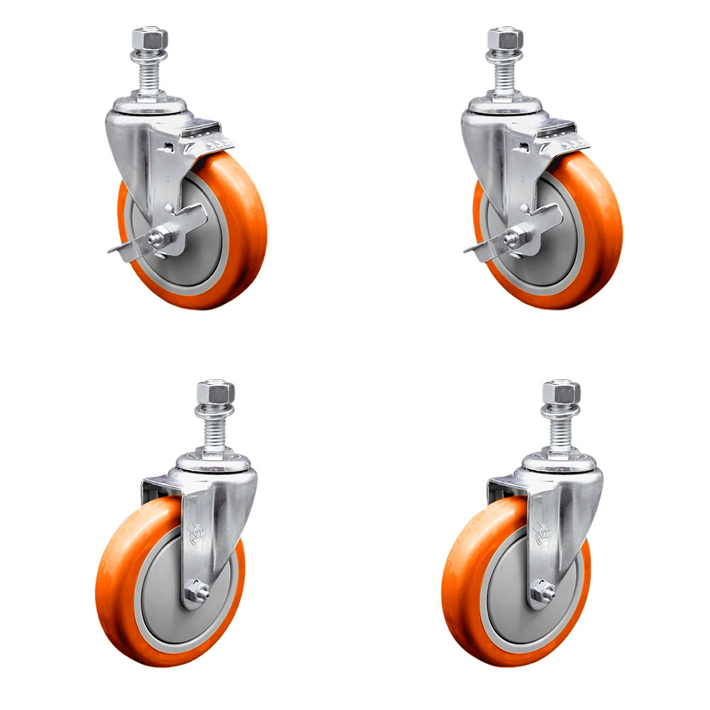 Polyurethane Swivel Threaded Stem Caster Set of 4 w/5" x 1.25" Orange Wheels and 12mm Stems - Includes 2 with Top Locking Brake - 1400 lbs Total Capacity - Service Caster Brand — photo 1