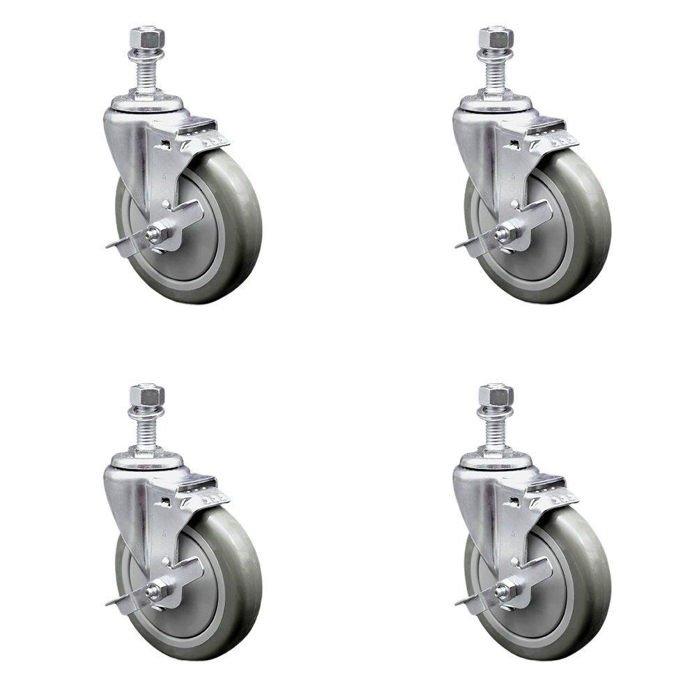 Polyurethane Swivel Threaded Stem Caster Set of 4 w/5" x 1.25" Gray Wheels and 12mm Stems - Includes 4 with Top Lock Brakes - 1400 lbs Total Capacity - Service Caster Brand — photo 1