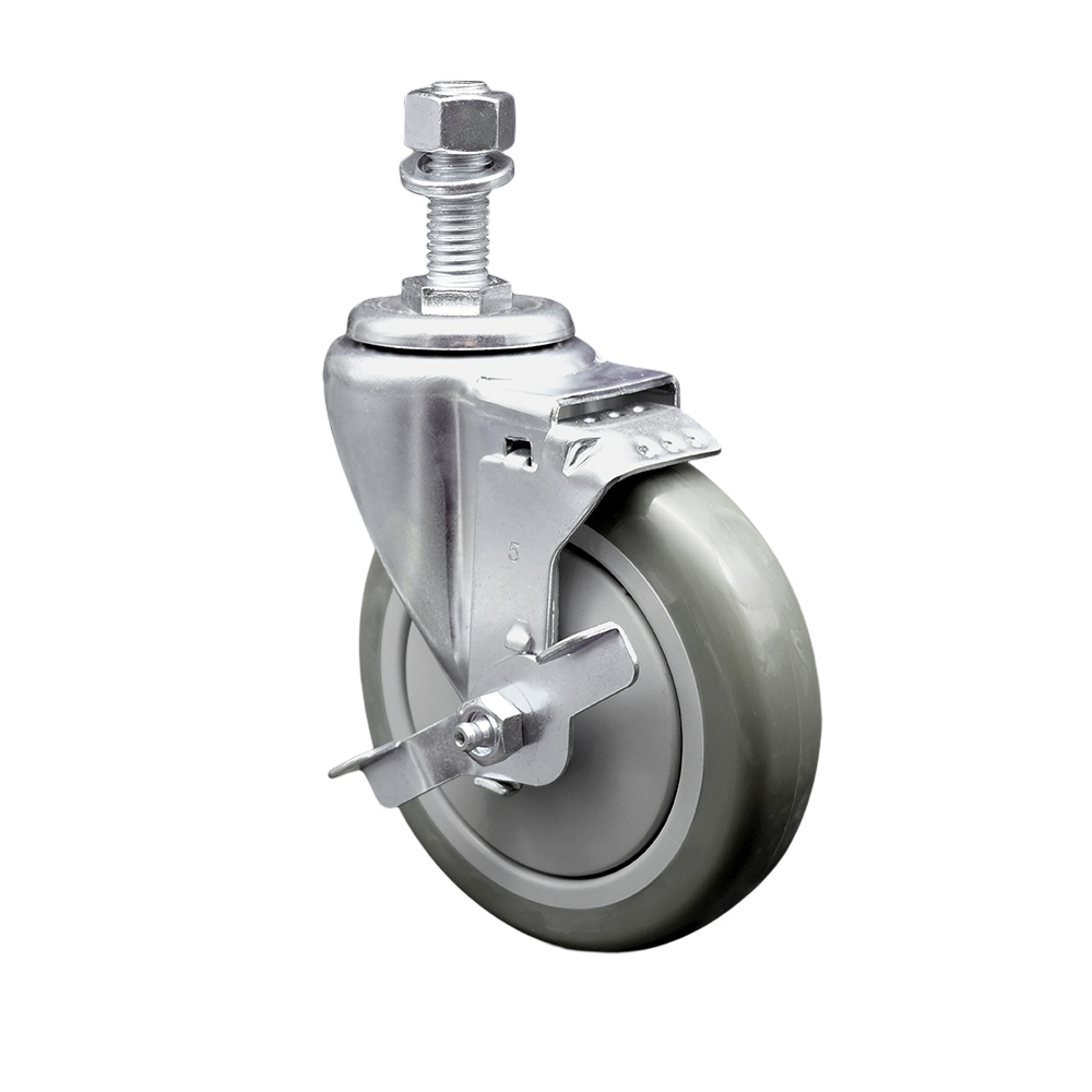 5" Swivel Caster with 12mm Threaded Stem, Gray Polyurethane Wheel and Brake - 350 lbs. Capacity - Service Caster Brand — photo 1