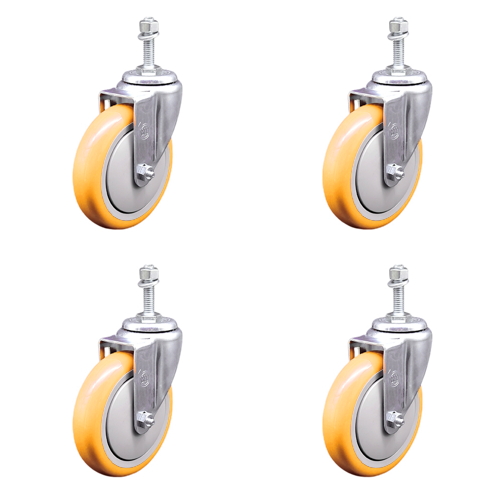 Polyurethane Swivel Threaded Stem Caster Set of 4 w/5" x 1.25" Yellow Wheels and 3/8" Stems - Includes 4 Swivel - 1400 lbs Total Capacity - Service Caster Brand — photo 1