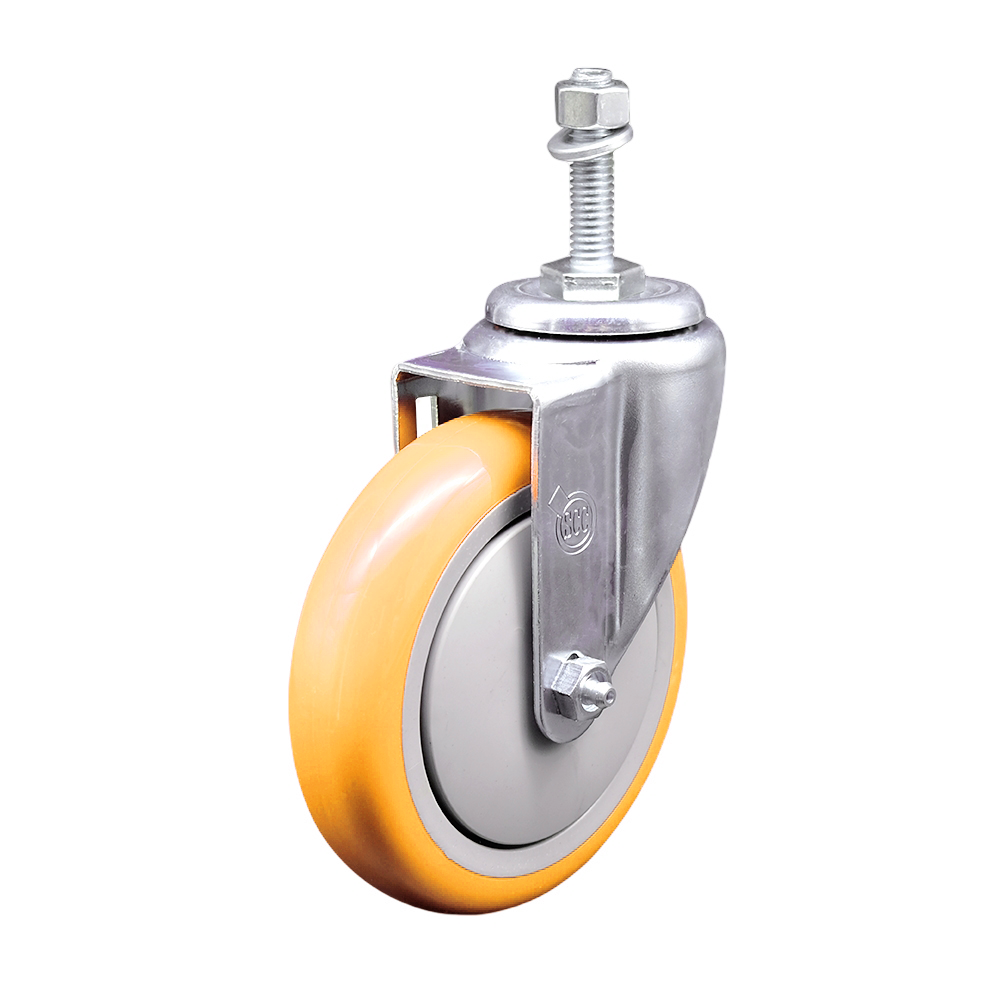 Polyurethane Swivel Threaded Stem Caster w/5" x 1.25" Yellow Wheel and 3/8" Stem - 350 lbs Capacity/Caster - Service Caster Brand — photo 1
