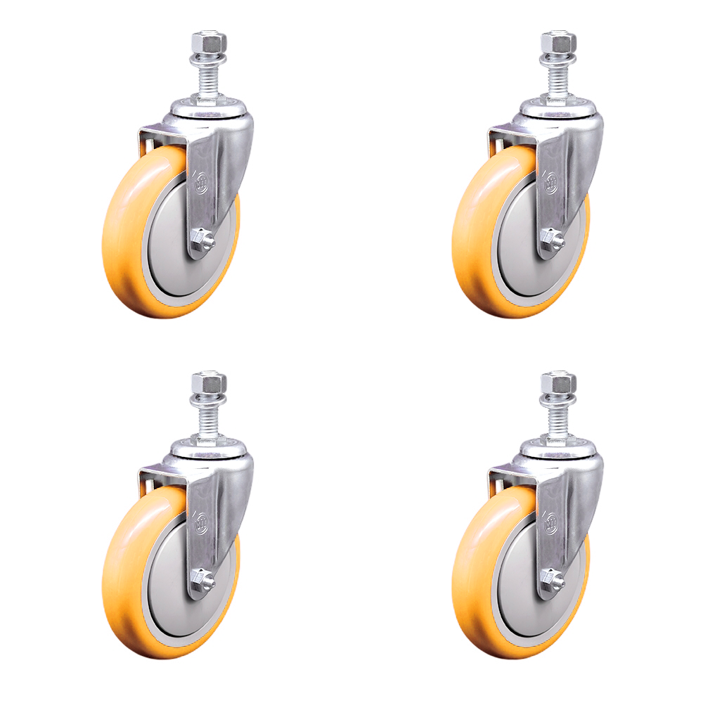 Polyurethane Swivel Threaded Stem Caster Set of 4 w/5" x 1.25" Yellow Wheels and 12mm Stems - Includes 4 Swivel - 1400 lbs Total Capacity - Service Caster Brand — photo 1