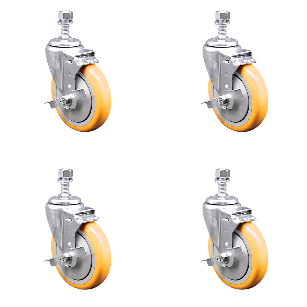 Polyurethane Swivel Threaded Stem Caster Set of 4 w/5" x 1.25" Yellow Wheels and 1/2" Stems - Includes 4 with Top Lock Brakes - 1400 lbs Total Capacity - Service Caster Brand — photo 1