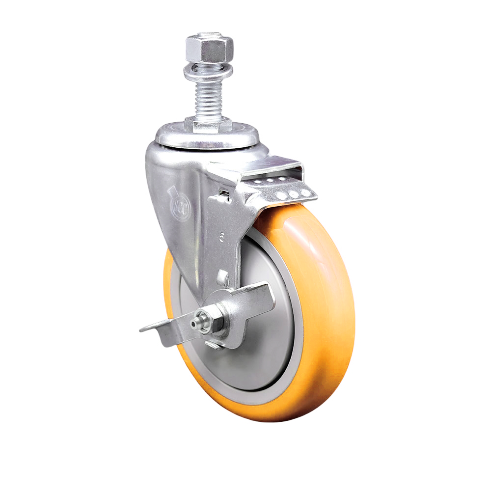 Polyurethane Swivel Stem Caster with 5 Inch Yellow Caster Wheel and Top Lock Brake - 1/2" Threaded Stem - 316 Stainless Steel Caster - 350 lbs. Capacity Per Caster - Service Caster Brand — photo 1