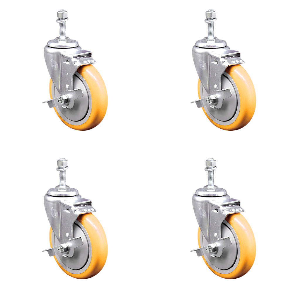 Polyurethane Swivel Stem Caster Set of 4 with 5 Inch Yellow Caster Wheels - 3/8" Threaded Stems - 316 Stainless Steel Casters - Includes 4 Swivel Casters with Top Lock Brakes - Service Caster Brand — photo 1