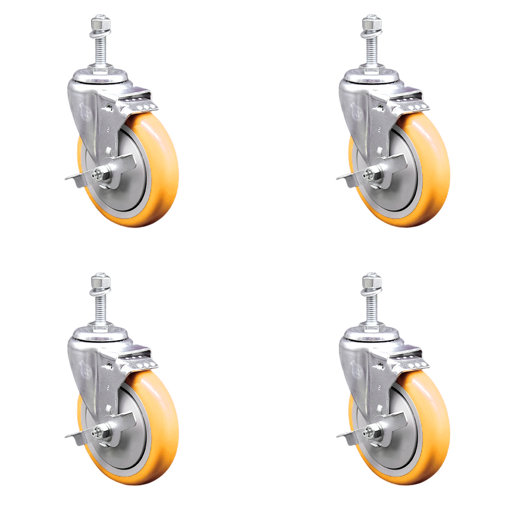 Polyurethane Swivel Stem Caster Set of 4 with 5 Inch Yellow Caster Wheels - 10mm Metric Threaded Stems - 316 Stainless Steel Casters-Includes 4 Swivel Casters with Top Lock Brakes-Service Caster Brand — photo 1