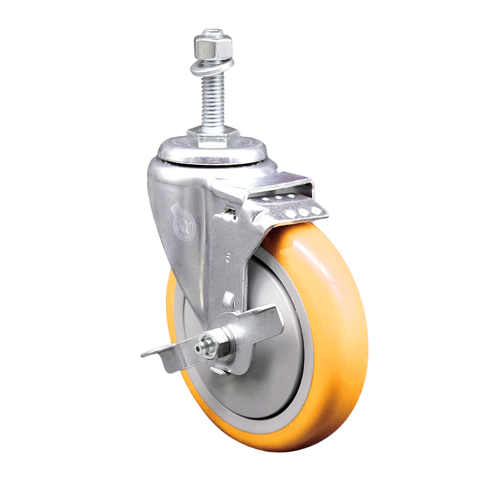 Polyurethane Swivel Stem Caster with 5 Inch Yellow Caster Wheel and Top Lock Brake - 10mm Metric Threaded Stem - 316 Stainless Steel Caster - 350 lbs. Capacity Per Caster - Service Caster Brand — photo 1