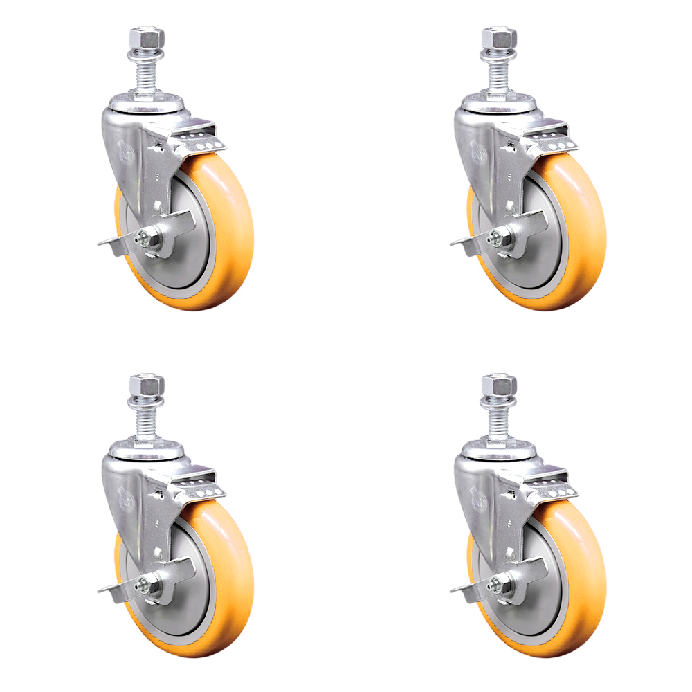 Polyurethane Swivel Stem Caster Set of 4 with 5 Inch Yellow Caster Wheels - 12mm Metric Threaded Stems - 316 Stainless Steel Casters-Includes 4 Swivel Casters with Top Lock Brakes-Service Caster Brand — photo 1