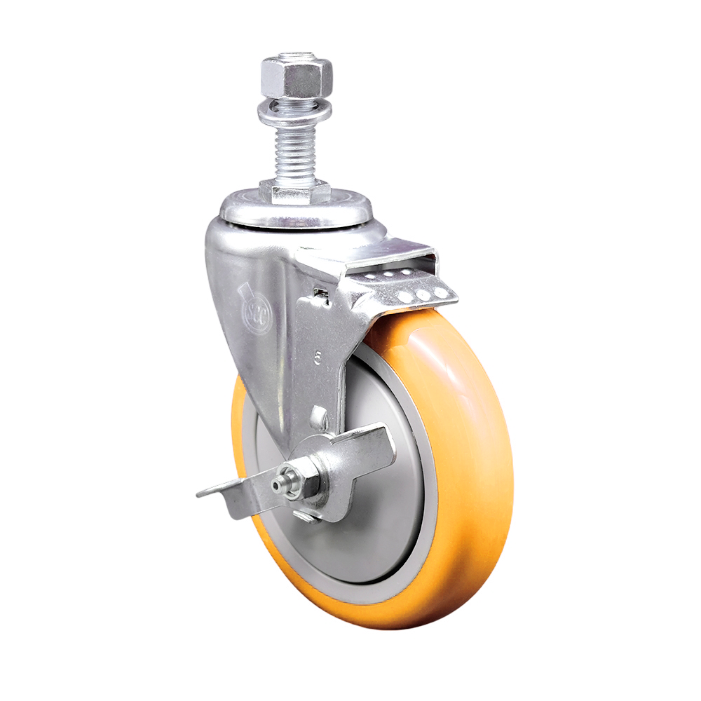 Polyurethane Swivel Threaded Stem Caster w/5" x 1.25" Yellow Wheel and 12mm Stem & Top Locking Brake - 350 lbs Capacity/Caster - Service Caster Brand — photo 1