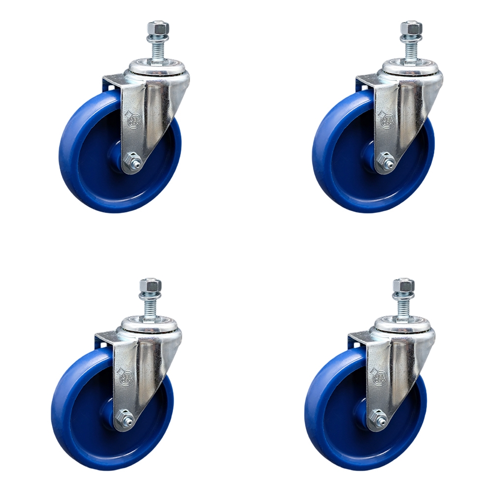 Solid Polyurethane Swivel Threaded Stem Caster Set of 4 w/5" x 1.25" Blue Wheels and 1/2" Stems - Includes 4 Swivel - 1200 lbs Total Capacity - Service Caster Brand — photo 1
