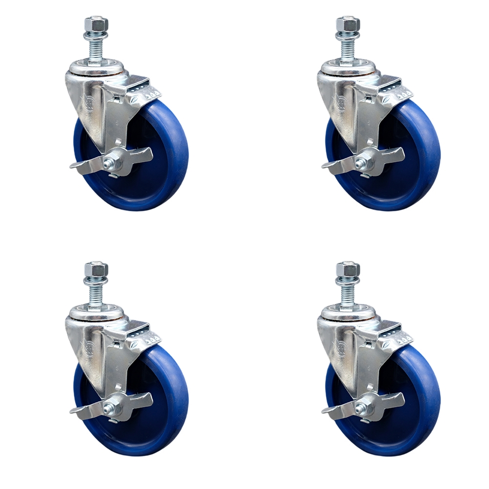 Solid Polyurethane Swivel Threaded Stem Caster Set of 4 w/5" x 1.25" Blue Wheels and 3/8" Stems - Includes 4 with Top Lock Brakes - 1200 lbs Total Capacity - Service Caster Brand — photo 1
