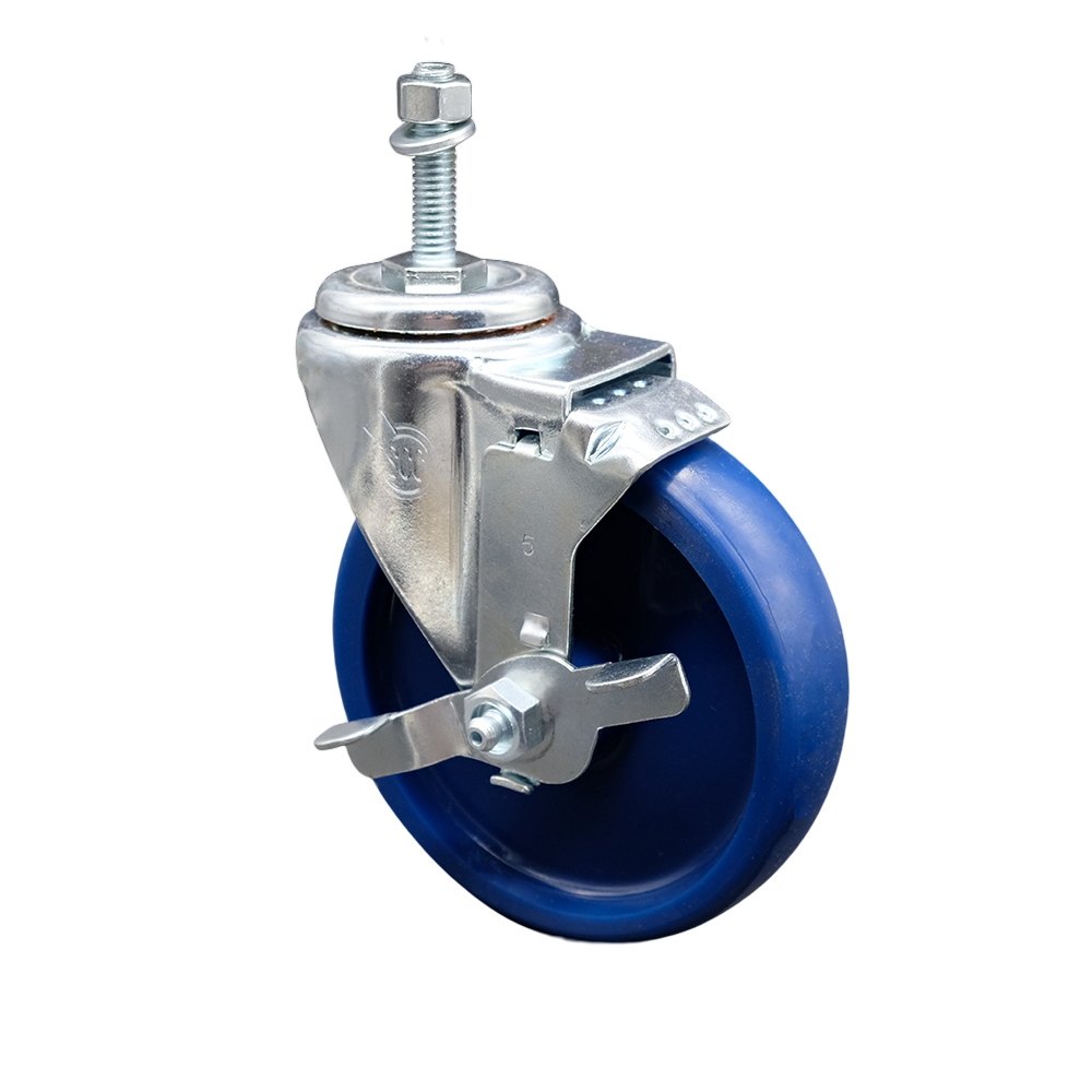 5" Swivel Caster with 3/8" Threaded Stem, Blue Solid Polyurethane Wheel and Brake -300 lbs. Capacity - Service Caster Brand — photo 1