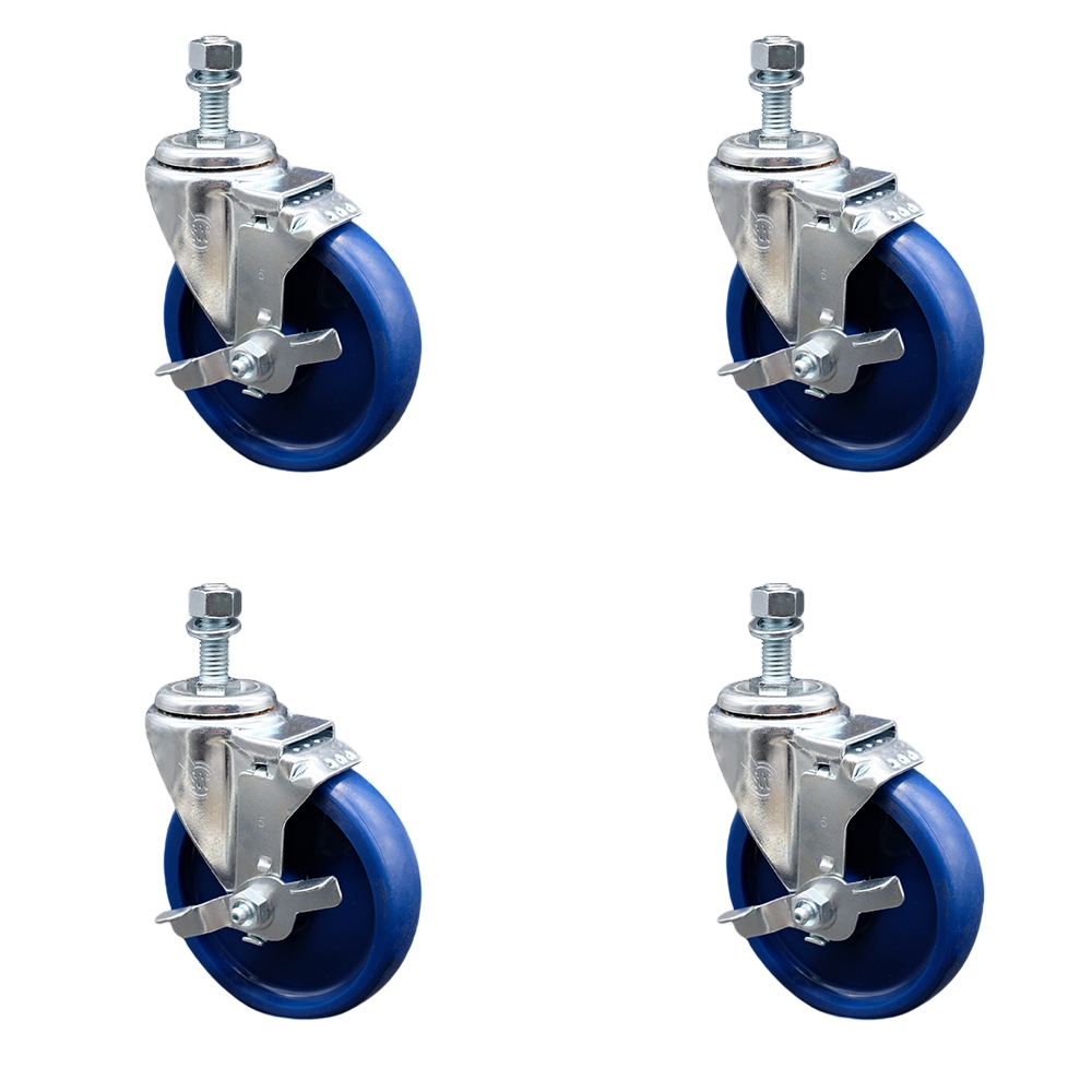Solid Polyurethane Swivel Threaded Stem Caster Set of 4 w/5" x 1.25" Blue Wheels and 10mm Stems - Includes 4 with Top Lock Brakes - 1200 lbs Total Capacity - Service Caster Brand — photo 1