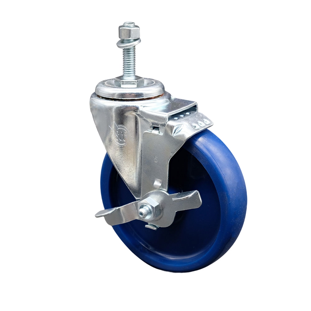 Solid Polyurethane Swivel Threaded Stem Caster w/5" x 1.25" Blue Wheel and 10MM Metric Stem & Top Locking Brake - 300 lbs Capacity/Caster - Service Caster Brand — photo 1