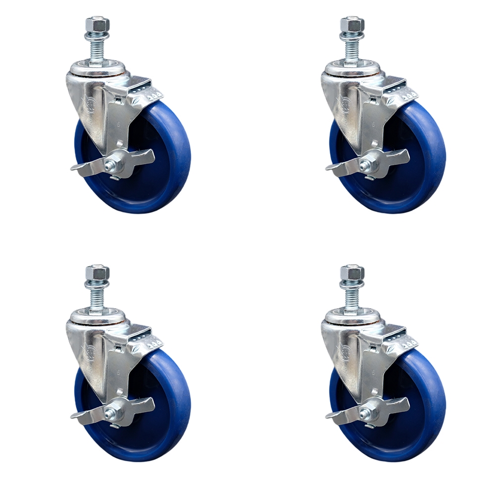 Solid Polyurethane Swivel Threaded Stem Caster Set of 4 w/5" x 1.25" Blue Wheels and 12mm Stems - Includes 4 with Top Lock Brakes - 1200 lbs Total Capacity - Service Caster Brand — photo 1