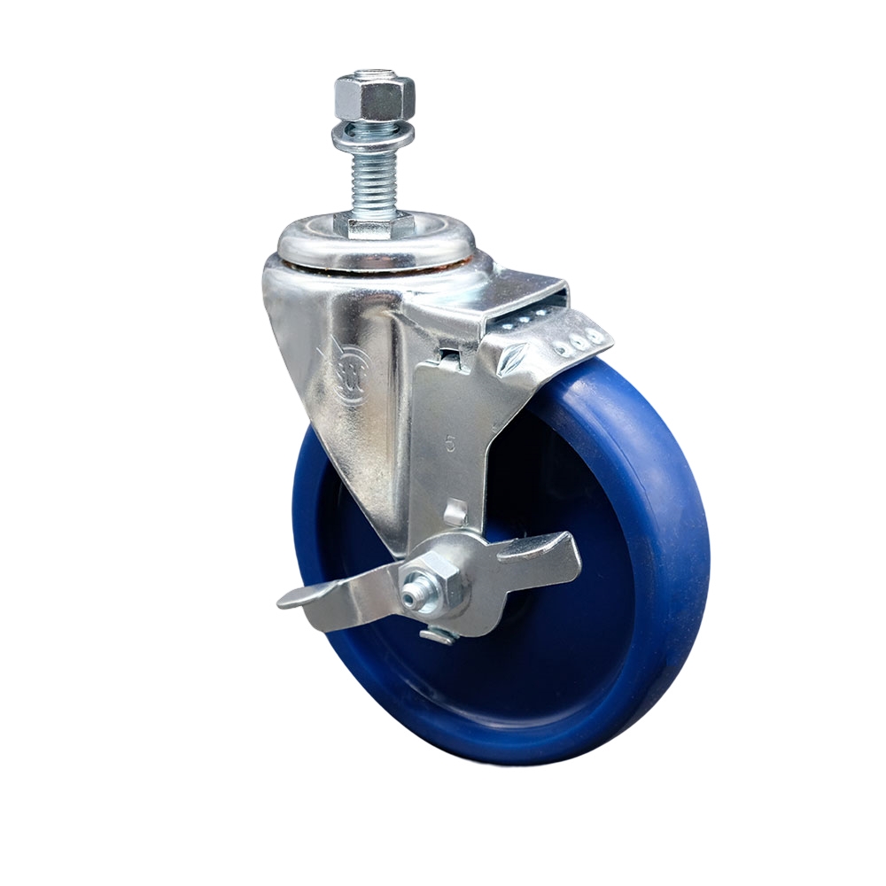 Solid Polyurethane Swivel Threaded Stem Caster w/5" x 1.25" Blue Wheel and 12MM Metric Stem & Top Locking Brake - 300 lbs Capacity/Caster - Service Caster Brand — photo 1