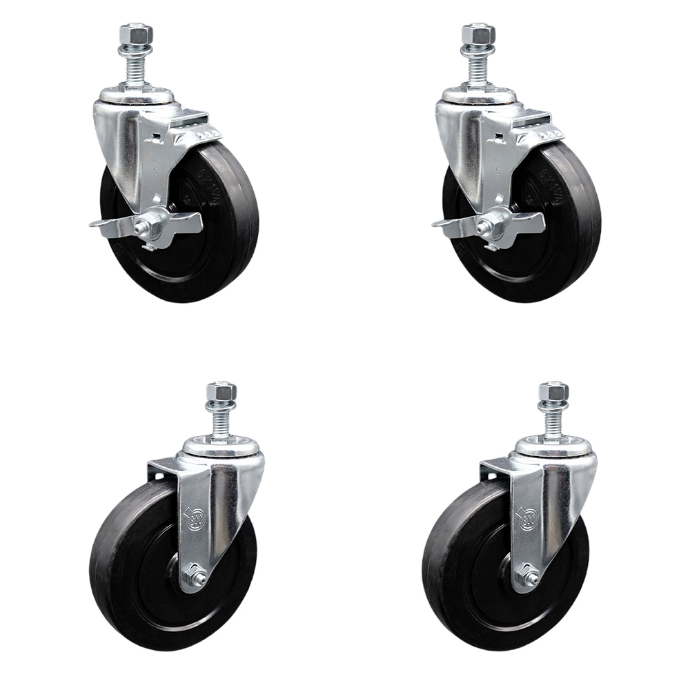 Soft Rubber Swivel Threaded Stem Caster Set of 4 w/5" x 1.25" Black Wheels and 1/2" Stems - Includes 2 with Top Locking Brake - 1100 lbs Total Capacity - Service Caster Brand — photo 1