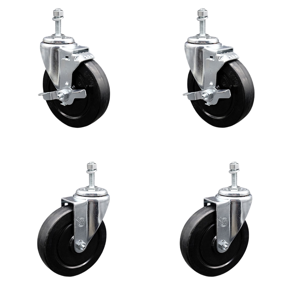 Soft Rubber Swivel Threaded Stem Caster Set of 4 w/5" x 1.25" Black Wheels and 3/8" Stems - Includes 2 with Top Locking Brake - 1100 lbs Total Capacity - Service Caster Brand — photo 1