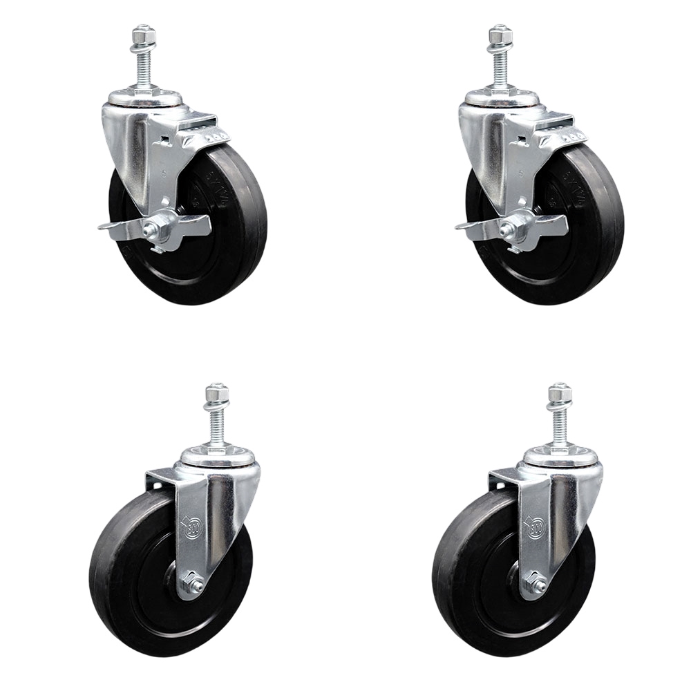 Soft Rubber Swivel Threaded Stem Caster Set of 4 w/5" x 1.25" Black Wheels and 10MM Metric Stems - Includes 2 with Top Locking Brake - 1100 lbs Total Capacity - Service Caster Brand — photo 1